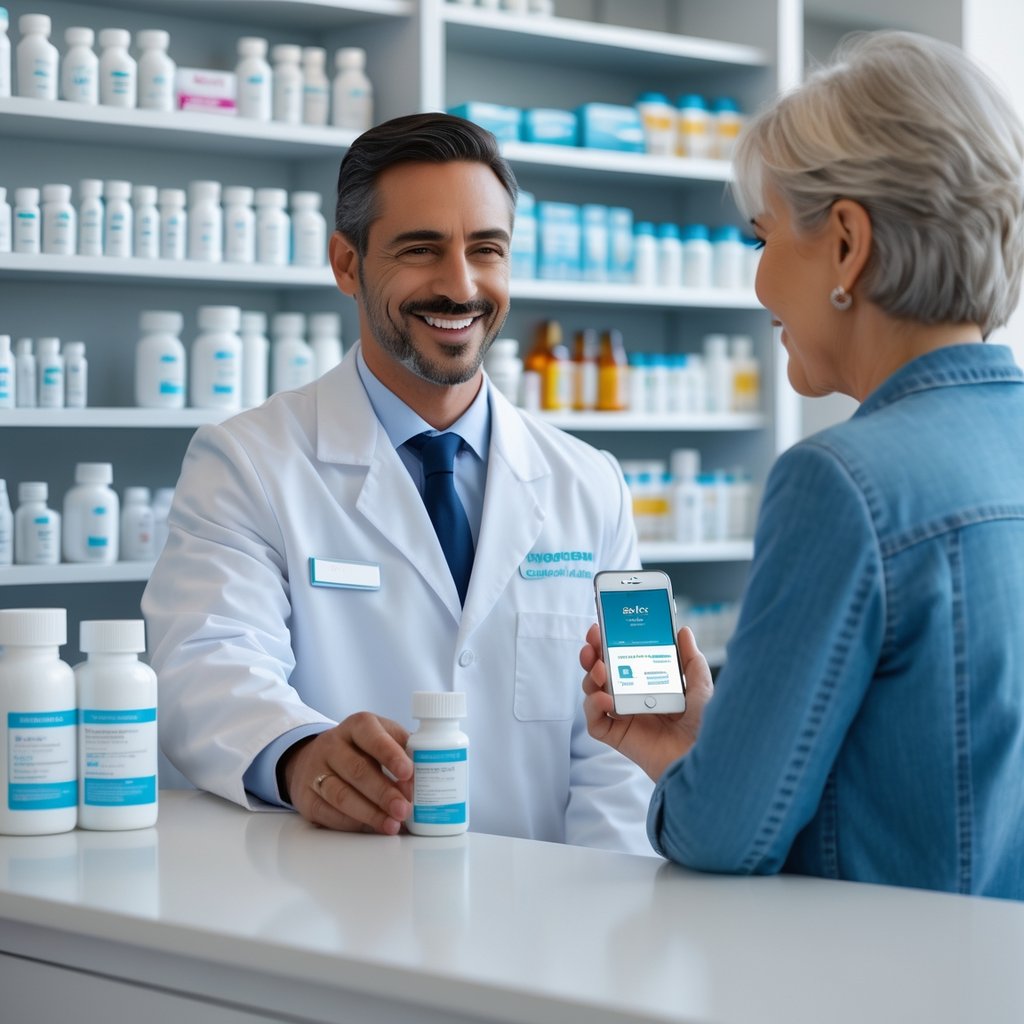 A pharmacist helping a customer with a prescription bottle and a smartphone in a modern pharmacy.