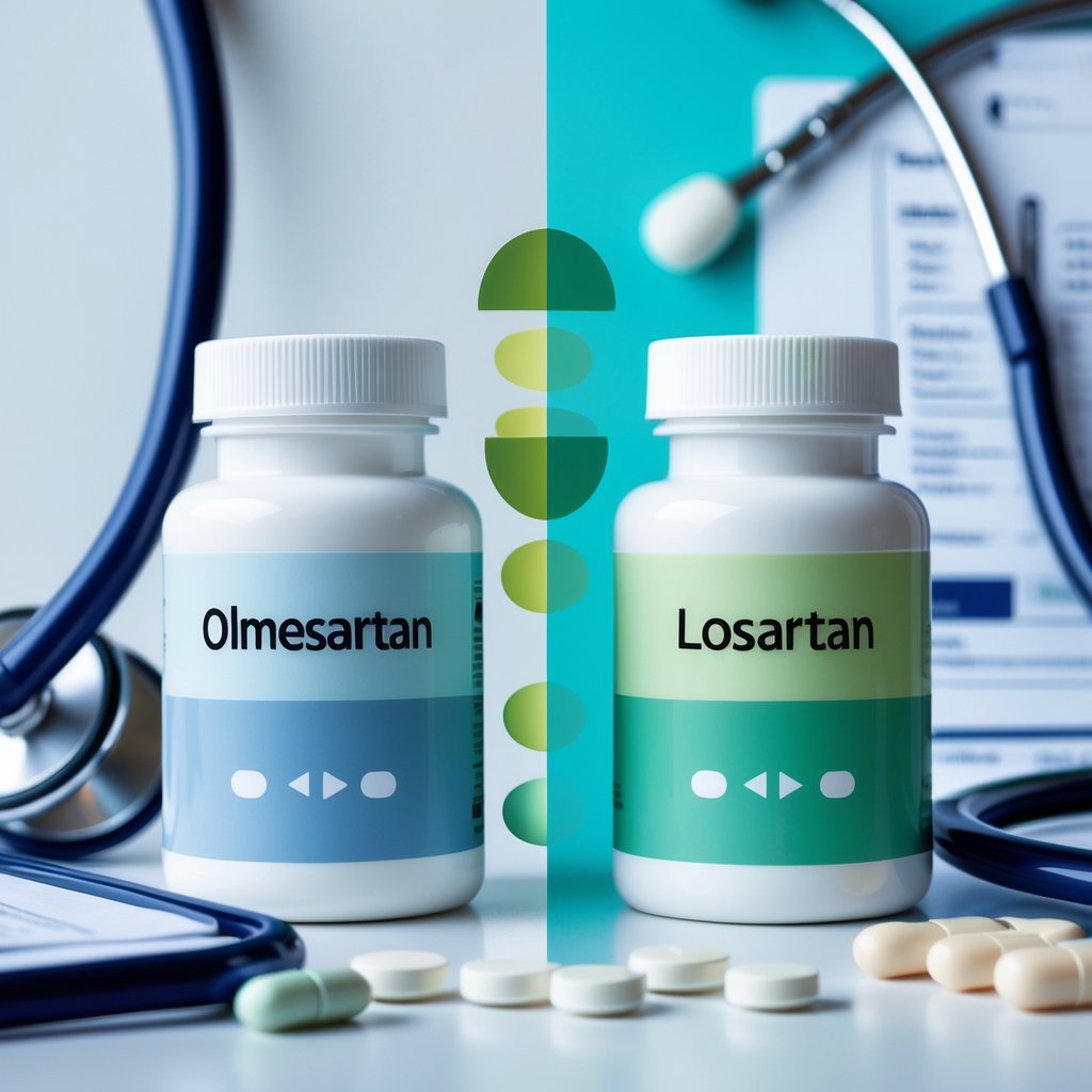 Two prescription pill bottles on a white surface with medical items like a stethoscope and clipboard nearby, arranged to show a comparison between two medications.