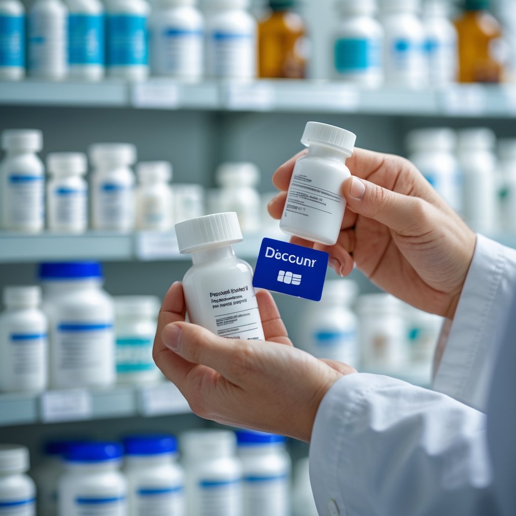 A pharmacist holding a prescription bottle and a discount card in a pharmacy with shelves of medications in the background.