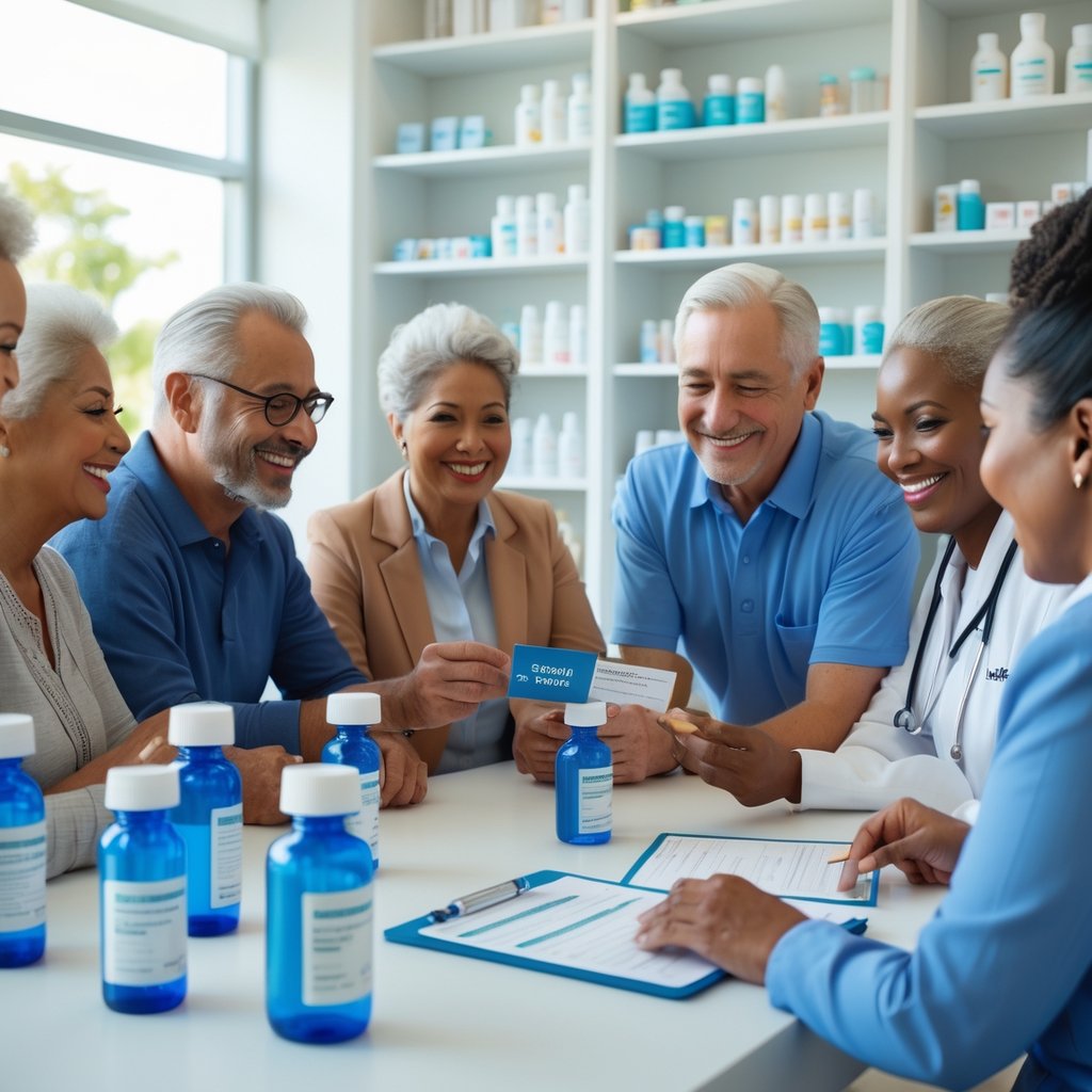 A group of people reviewing prescription medication and discount cards in a pharmacy with a healthcare professional assisting them.
