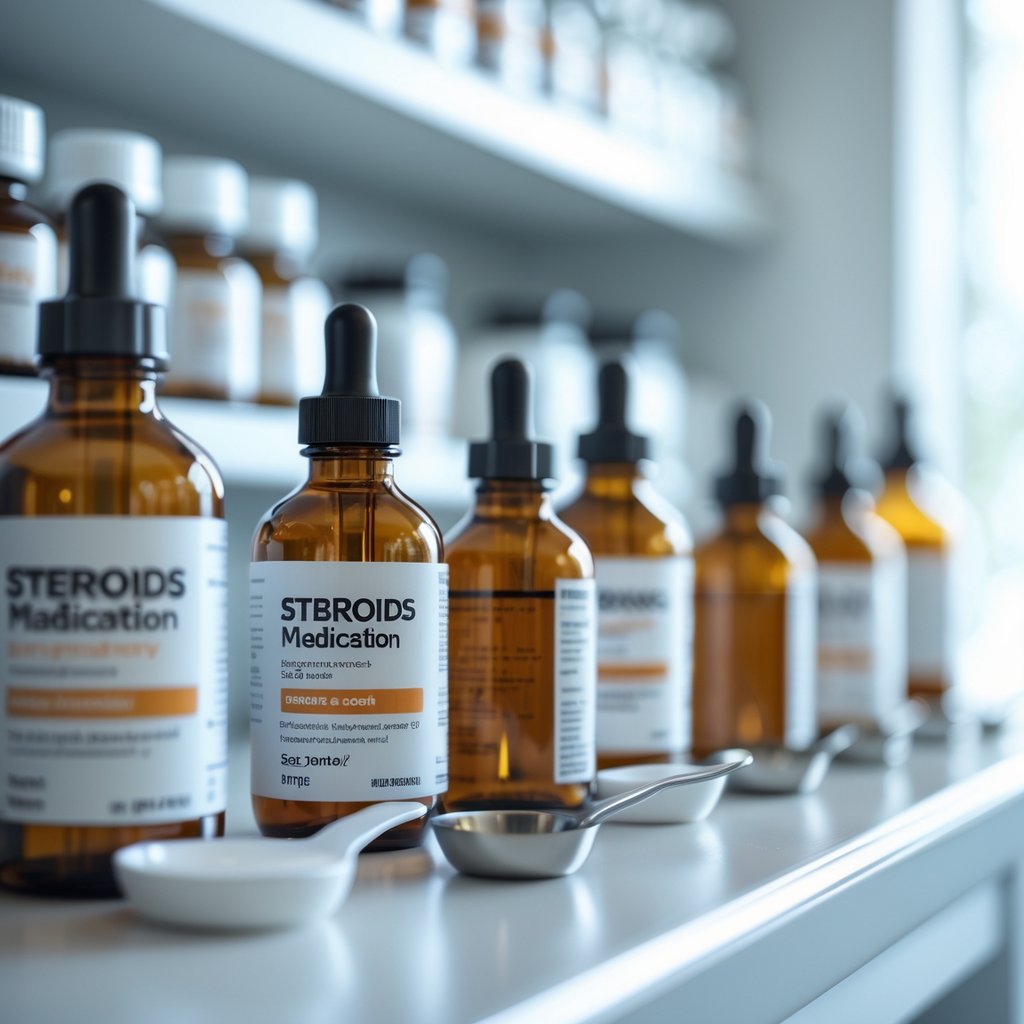 Close-up of various cough medicine bottles and boxes arranged on a pharmacy shelf.