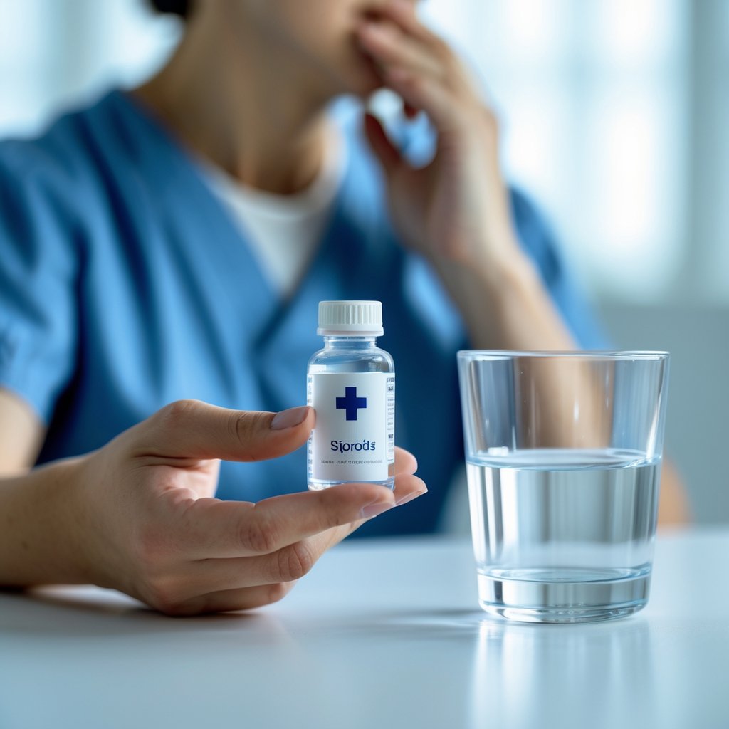 A person holding a small medicine bottle next to a glass of water with another person touching their throat in the background.