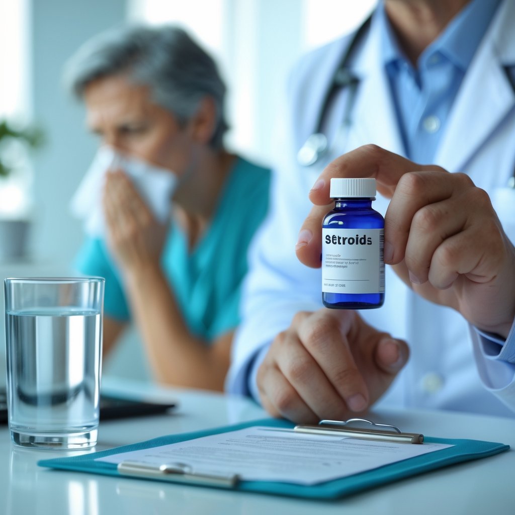 Doctor holding a prescription bottle of steroids near a glass of water with a coughing patient in the background.