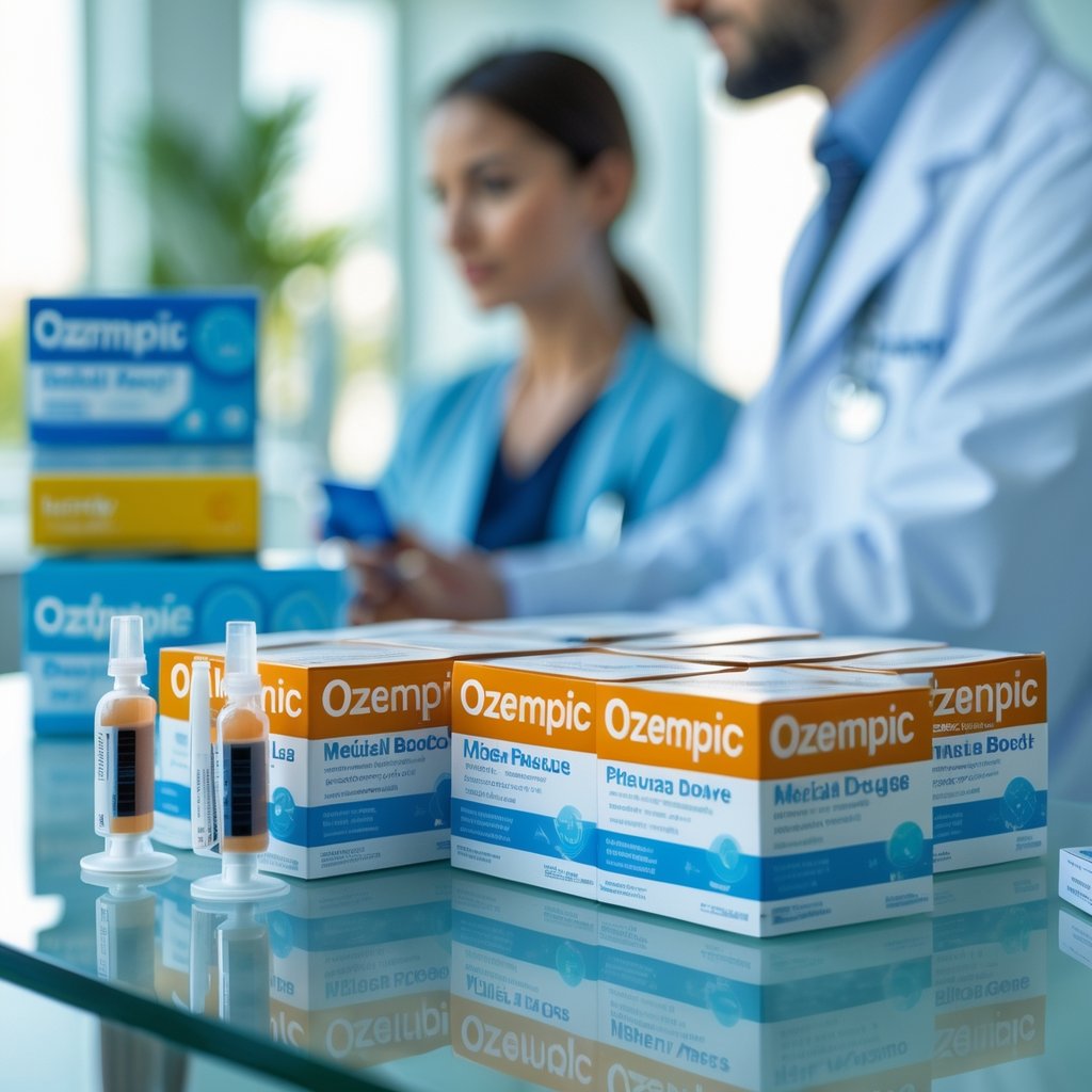 A healthcare professional consulting with a patient near a table displaying Ozempic medication boxes and injection pens in a bright medical setting.