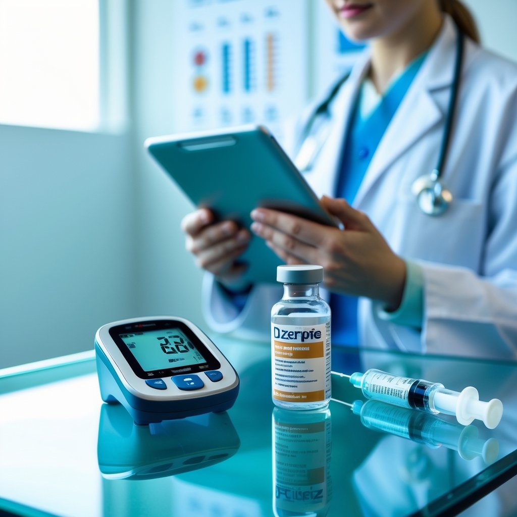 A healthcare professional explains diabetes medication dosage next to a glucose monitor and a medication pen on a glass table.