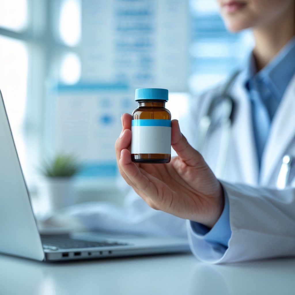 A hand holding a small pill bottle in a medical office with a blurred clock in the background.