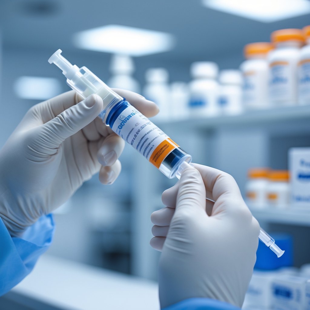 Close-up of gloved hands holding an injection pen in a clean medical environment with blurred shelves of medicine in the background.