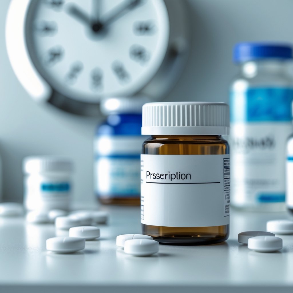 Close-up of a prescription pill bottle with tablets on a white surface and a blurred clock in the background.