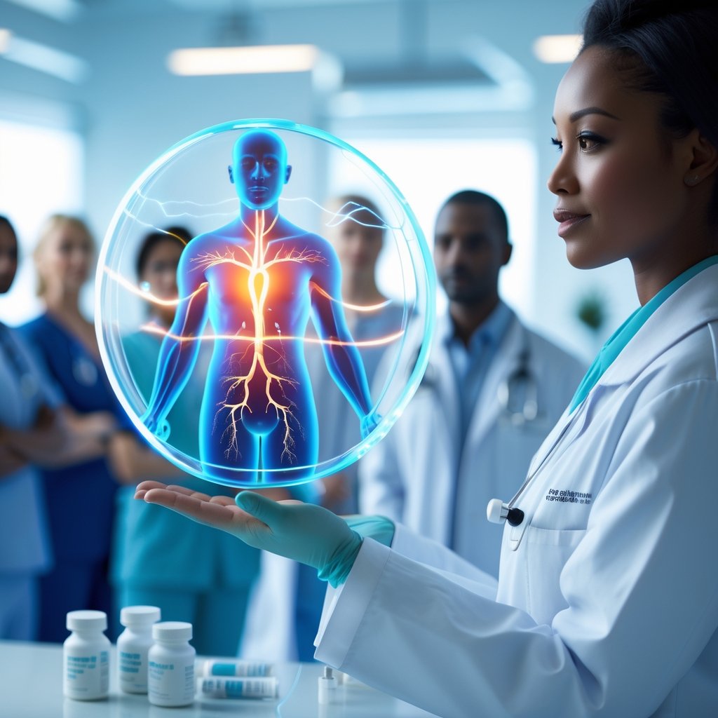 A healthcare professional showing a 3D hologram of a human body with glowing pathways representing medicine working inside.