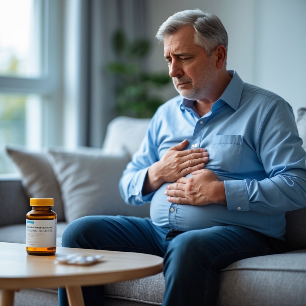 A middle-aged man sitting on a couch, holding his lower abdomen with a concerned expression, with a medication bottle on a nearby table.