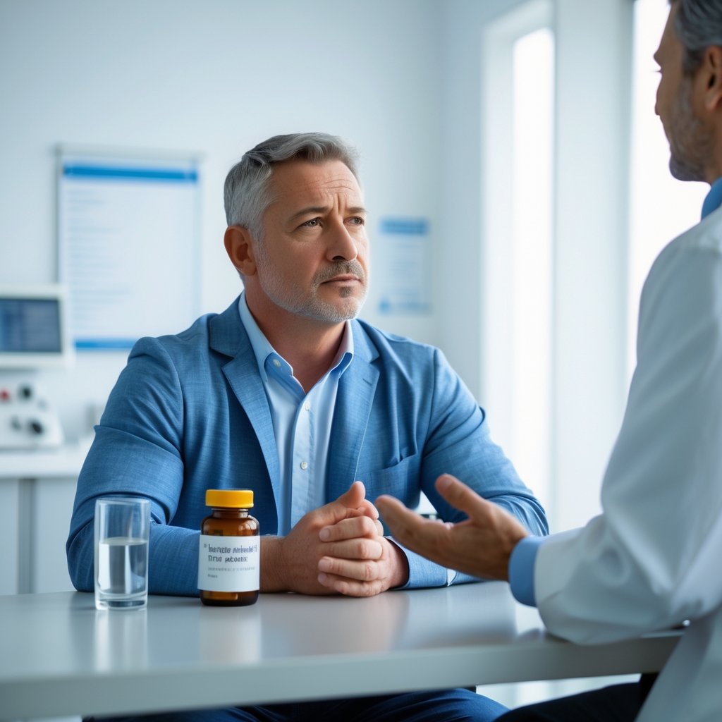 A middle-aged man listening attentively to a healthcare professional in a medical office.