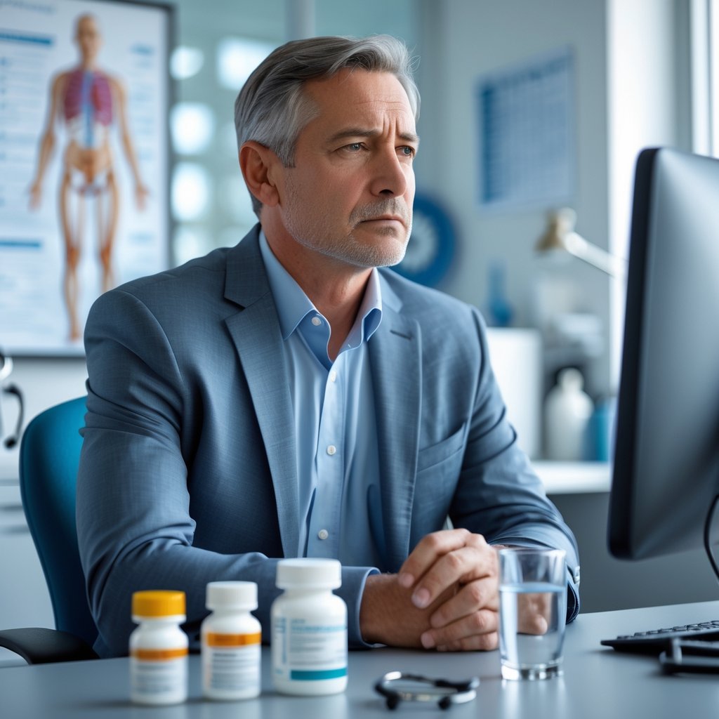 A middle-aged man sitting thoughtfully in a medical office with prescription bottles and medical equipment nearby.