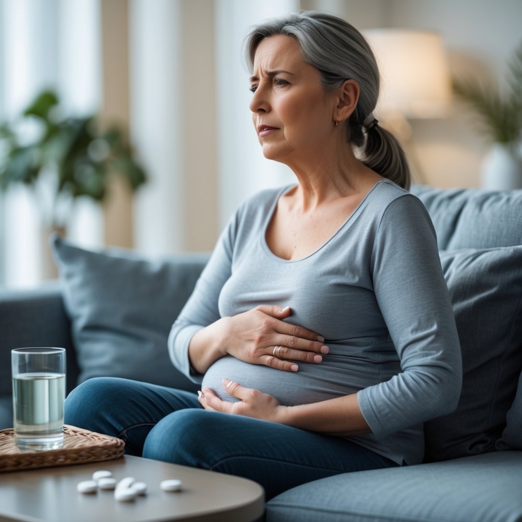 A middle-aged woman sitting on a couch holding her stomach with a concerned expression, next to a glass of water and an open pill bottle.