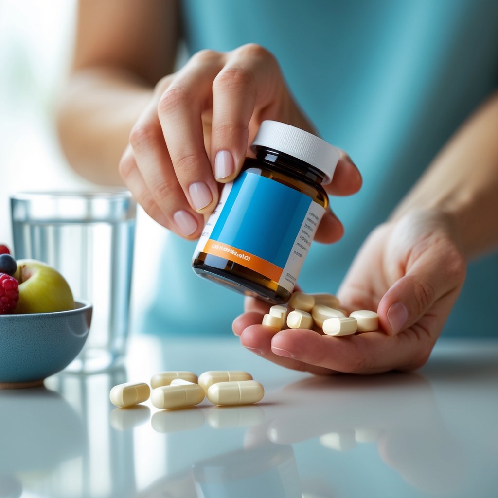 Close-up of hands holding a bottle of methocarbamol pills with capsules spilled on a white surface, next to a glass of water and a bowl of fruit.