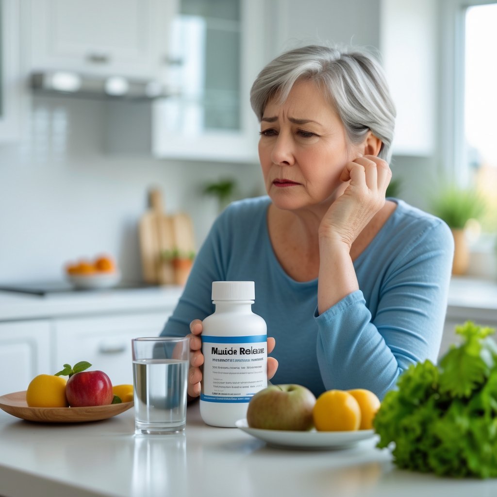 A middle-aged person sitting at a kitchen table holding a glass of water and a medication bottle, looking concerned.