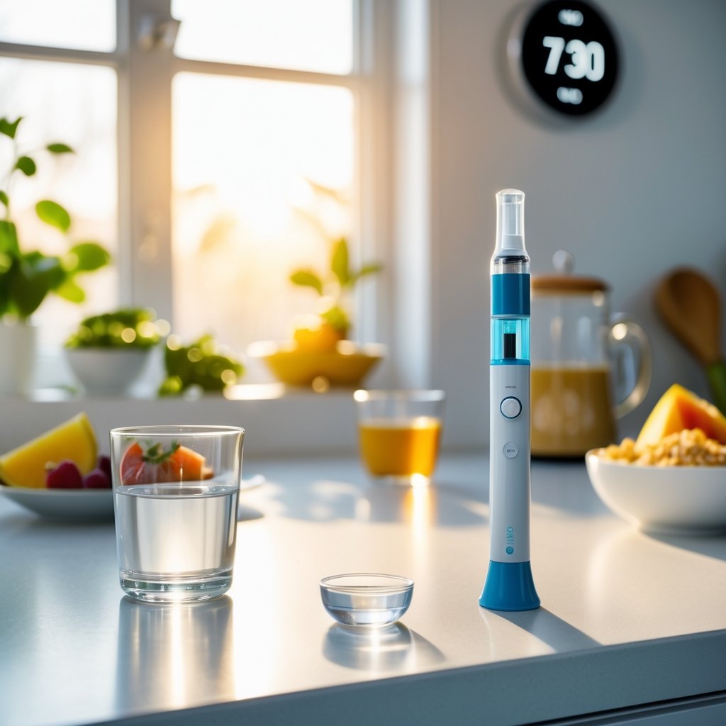 A kitchen countertop in morning light with an Ozempic pen and a glass of water next to a clock showing 7:30 AM, with a breakfast setup in the background.