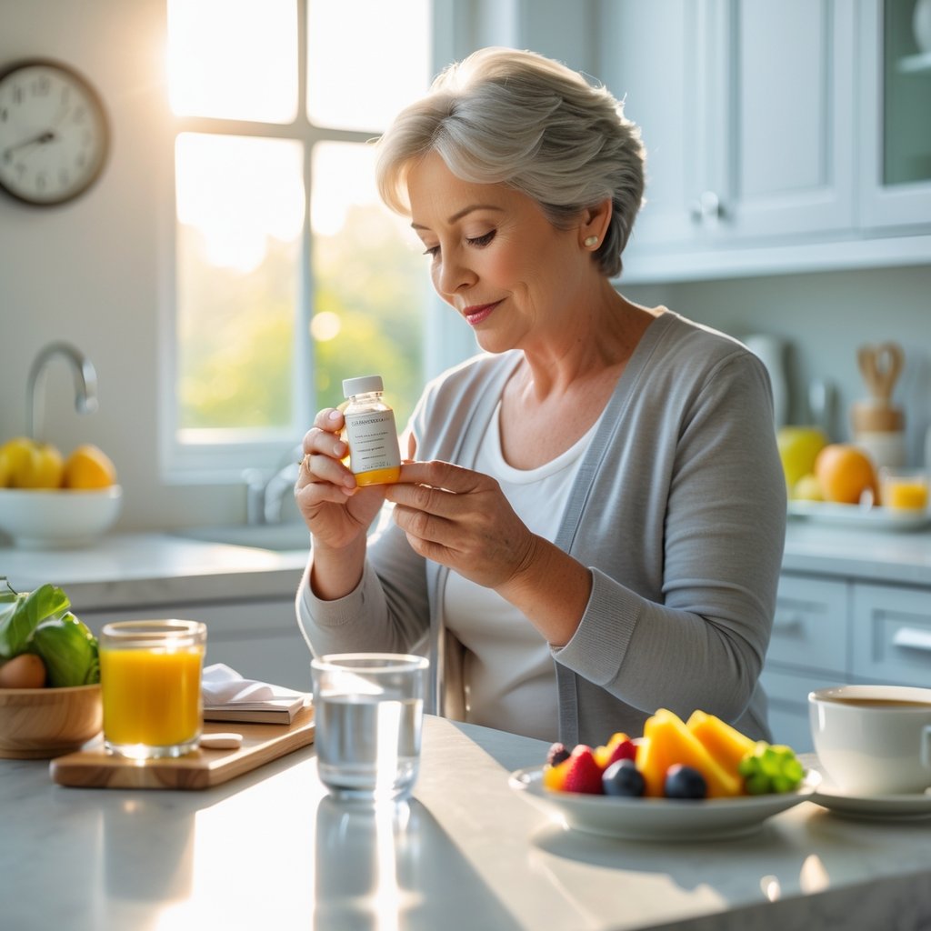 A person in a kitchen holding a pill bottle and a glass of water with morning sunlight coming through the window.