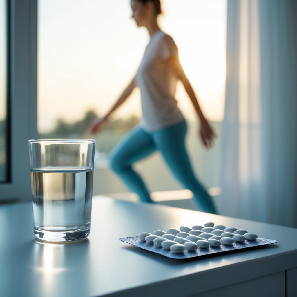 A bedside table with a glass of water and medication blister pack illuminated by morning sunlight, with a person stretching in the background.