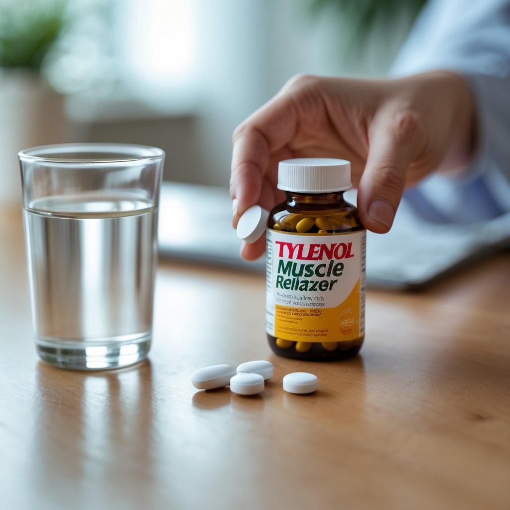 A hand holding a pill next to bottles of muscle relaxer and Tylenol on a table with a glass of water.