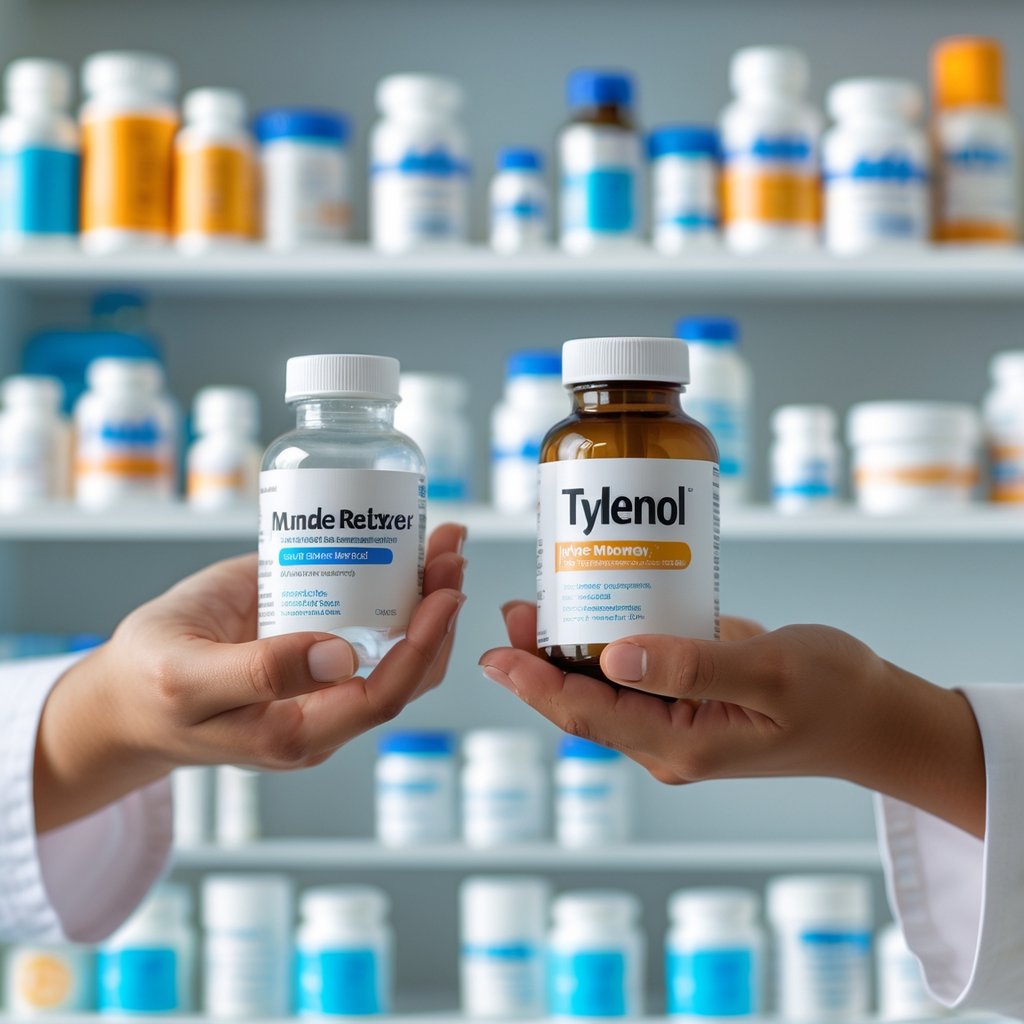 Close-up of hands holding two medication bottles in a pharmacy setting with shelves of medicine in the background.