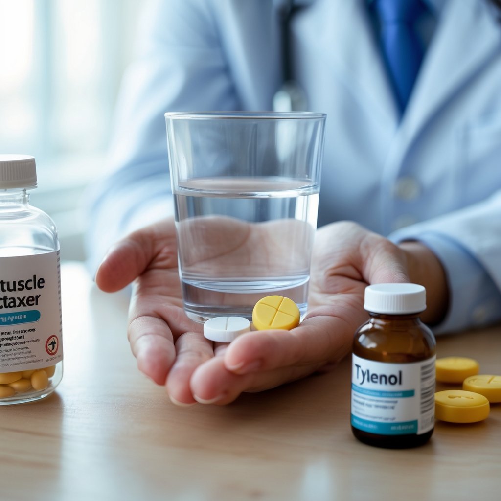 Close-up of hands holding a glass of water and two different pills with medication bottles on a table in the background.