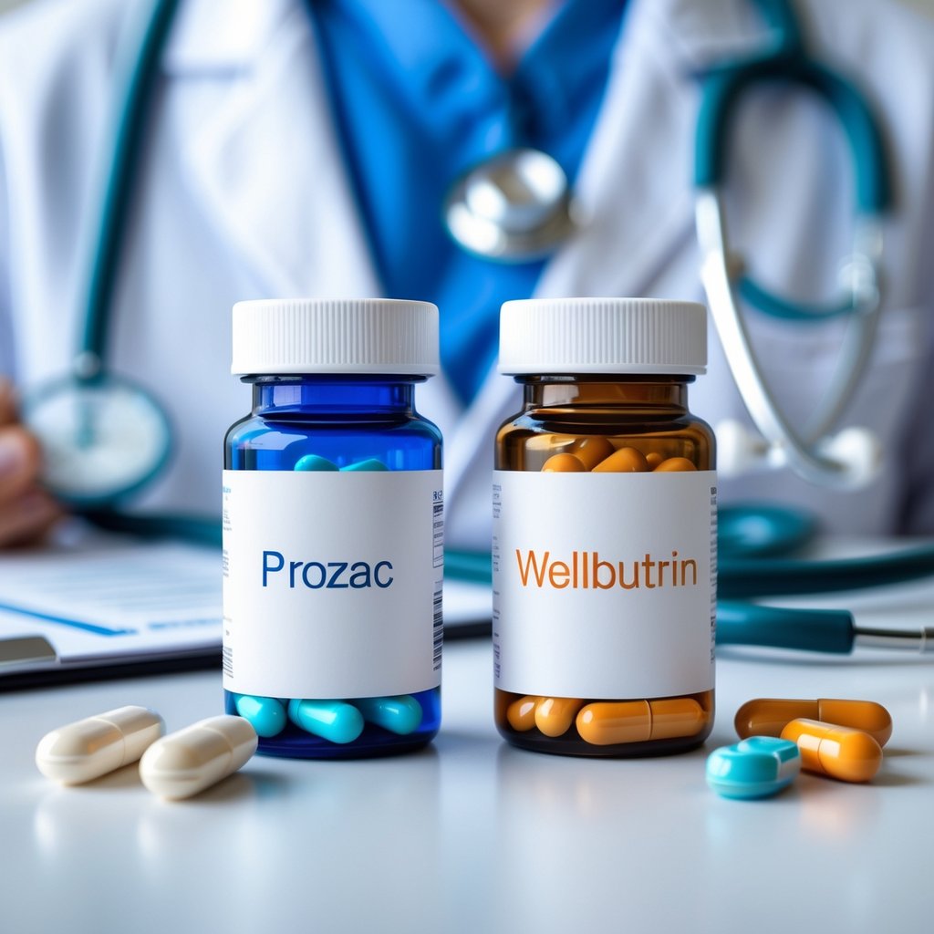 Two prescription pill bottles with different colored capsules on a white surface in a medical setting with a stethoscope and clipboard in the background.