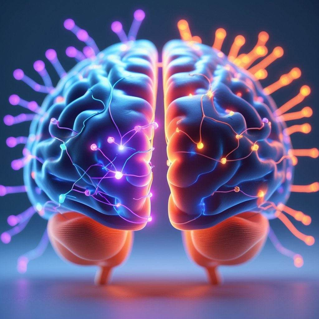 A realistic 3D rendering of a human brain showing highlighted neural pathways in blue and orange colors representing the effects of different medications.