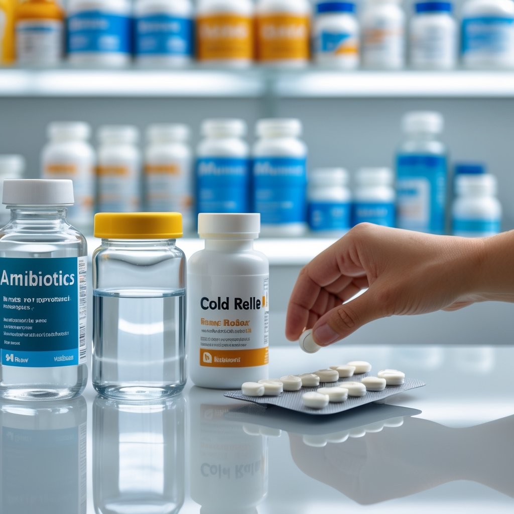 A hand reaching for a pill near medicine bottles and a glass of water on a pharmacy countertop.