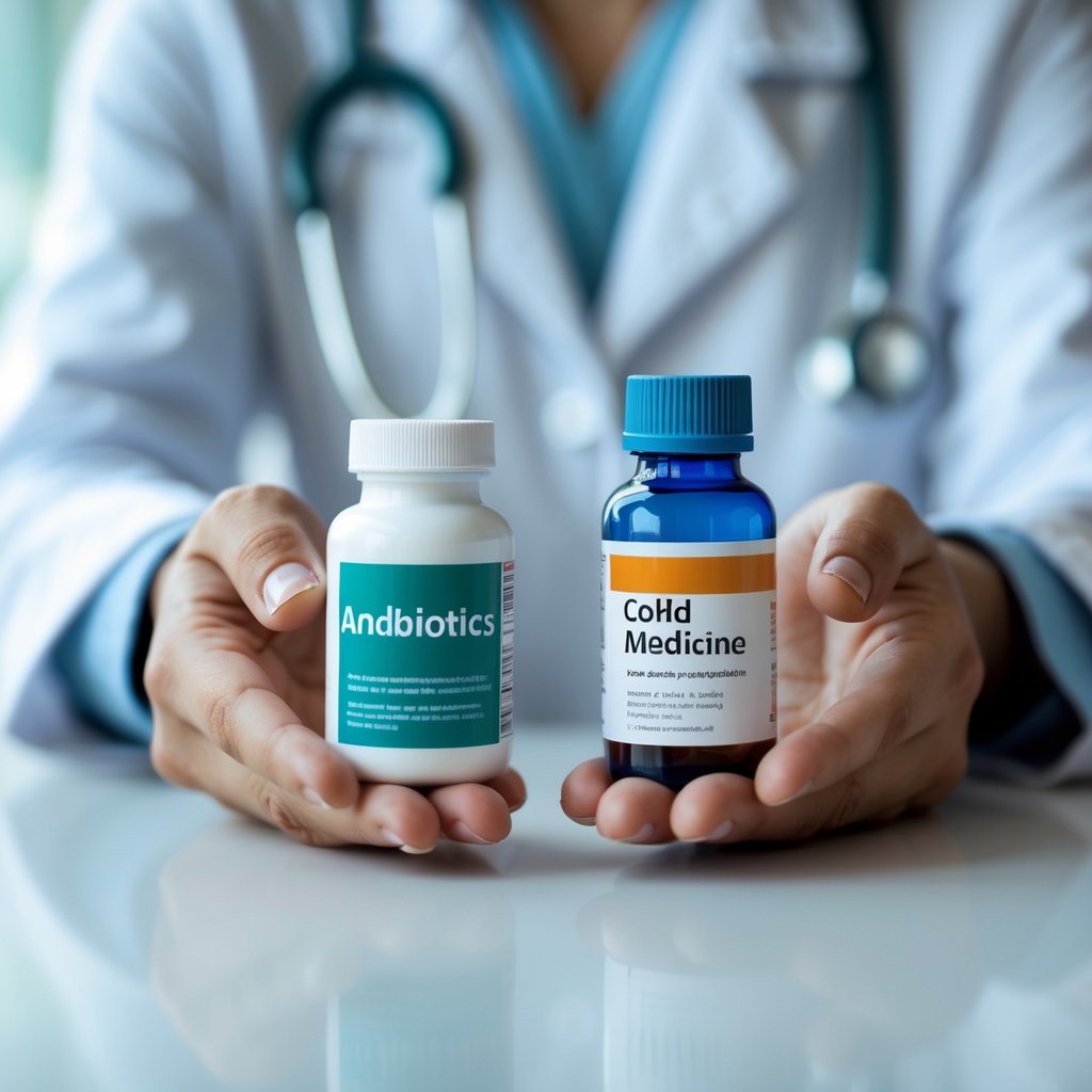 Close-up of hands holding two different medication bottles on a white table in a clinical setting.