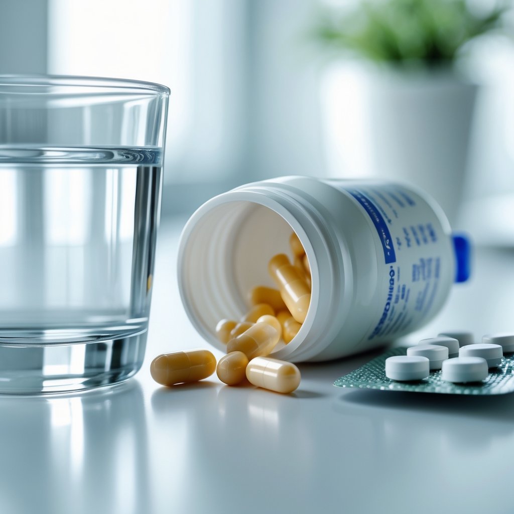 A glass of water with amoxicillin capsules and a blister pack of Mucinex tablets on a white surface.