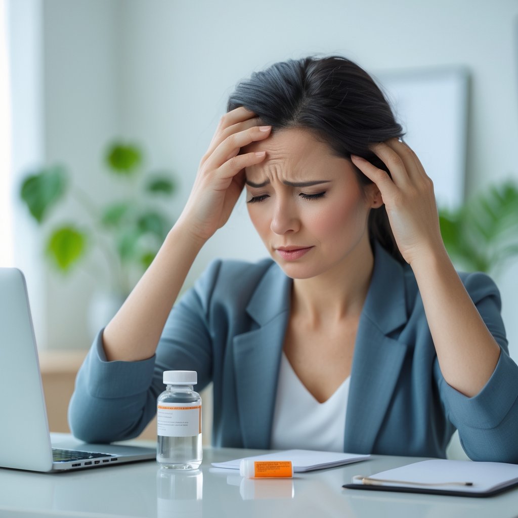 A woman sitting at a desk holding her head with one hand, looking uncomfortable, with a bottle of medication and a glass of water on the desk.