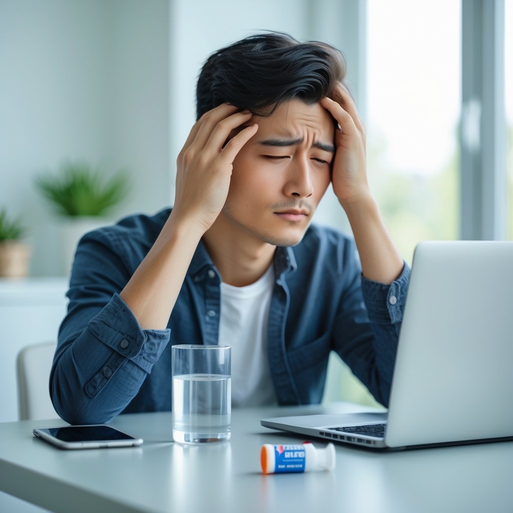 A young adult sitting at a desk holding their head with a look of mild discomfort, with a bottle of medication and a glass of water on the desk.