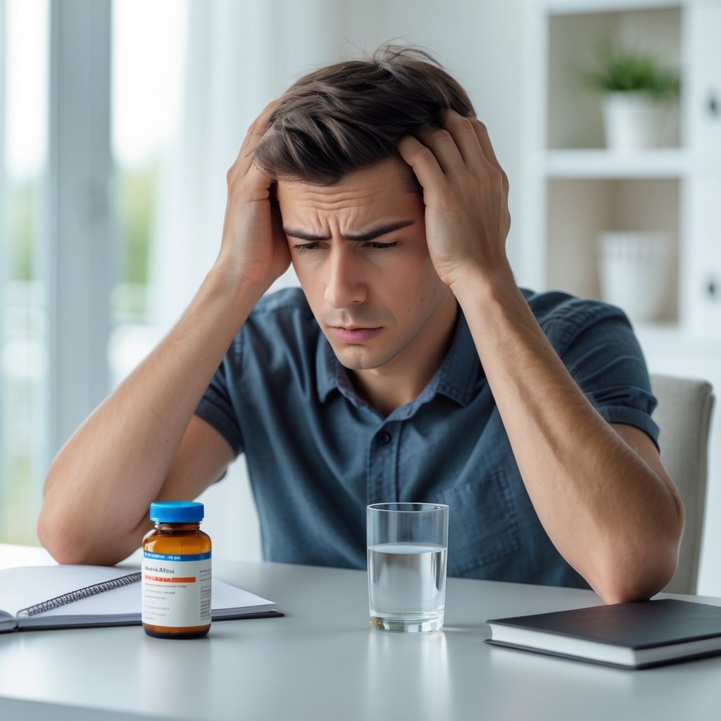 A young adult sitting at a desk holding their head in discomfort, with a pill bottle and glass of water nearby.