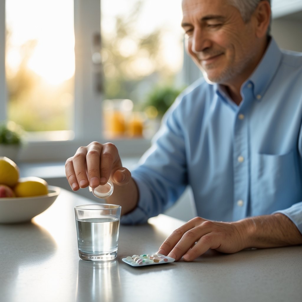 A person in a bright kitchen reaching for a glass of water next to medication on the counter with sunlight coming through a window.