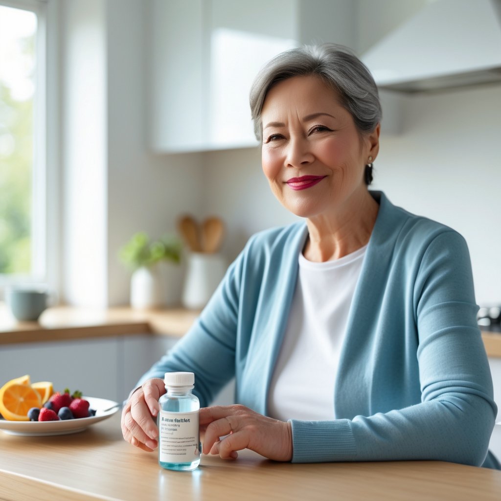 A person sitting at a kitchen table with a glass of water and a medicine bottle, smiling gently in natural morning light.
