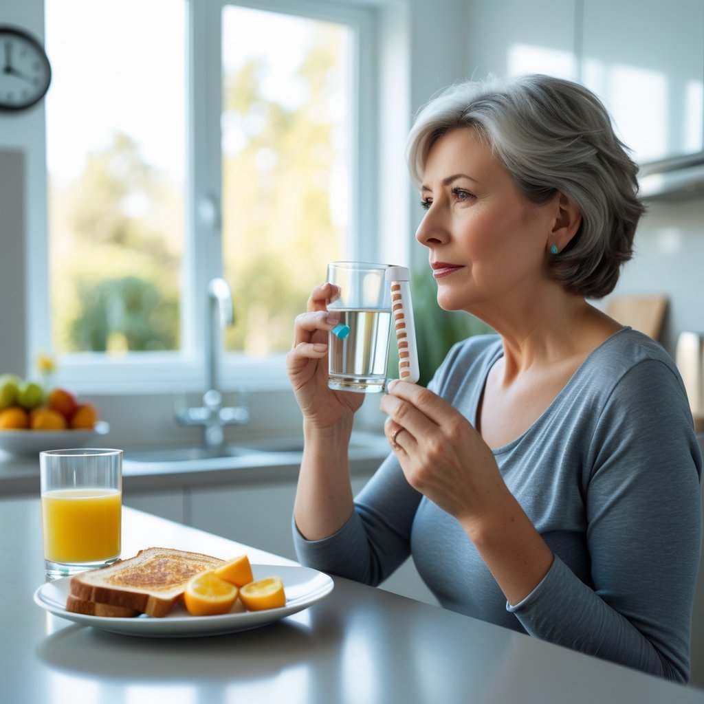 A middle-aged woman in a kitchen holding a glass of water and medication, with a light breakfast on the counter and morning light coming through a window.