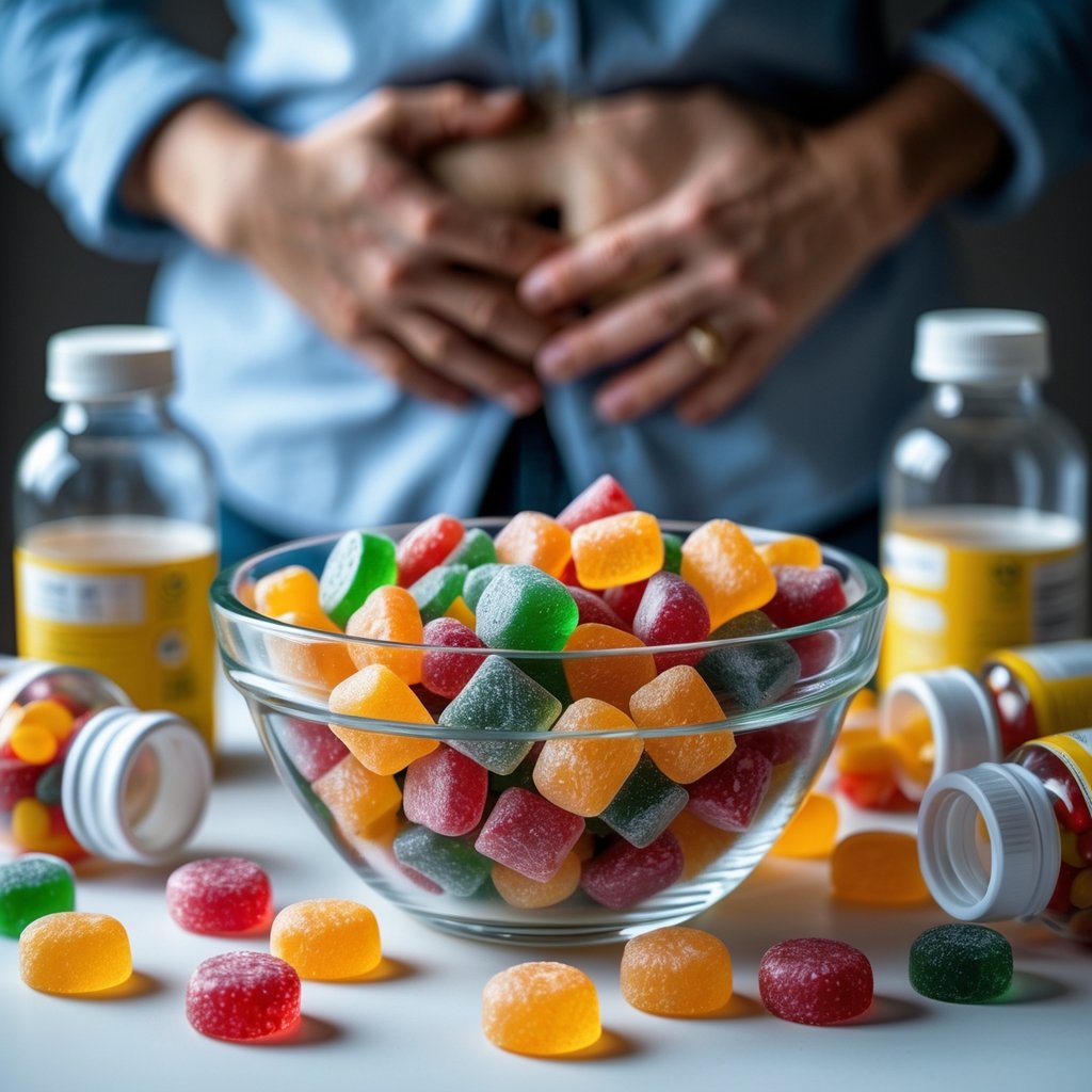 A bowl of colorful vitamin gummies spilling onto a table with scattered bottles and a person holding their stomach in the background.