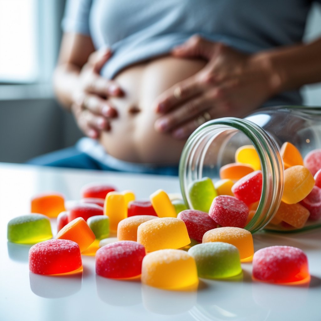 Close-up of colorful vitamin gummies spilled from a glass jar with a blurred adult holding their stomach in the background.
