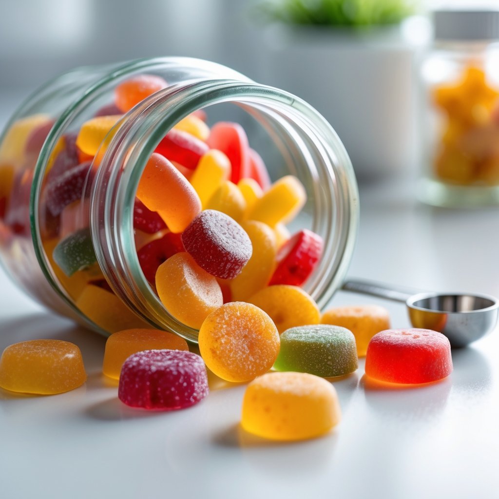 A clear jar spilling colorful vitamin gummies onto a white surface with a small measuring spoon nearby.