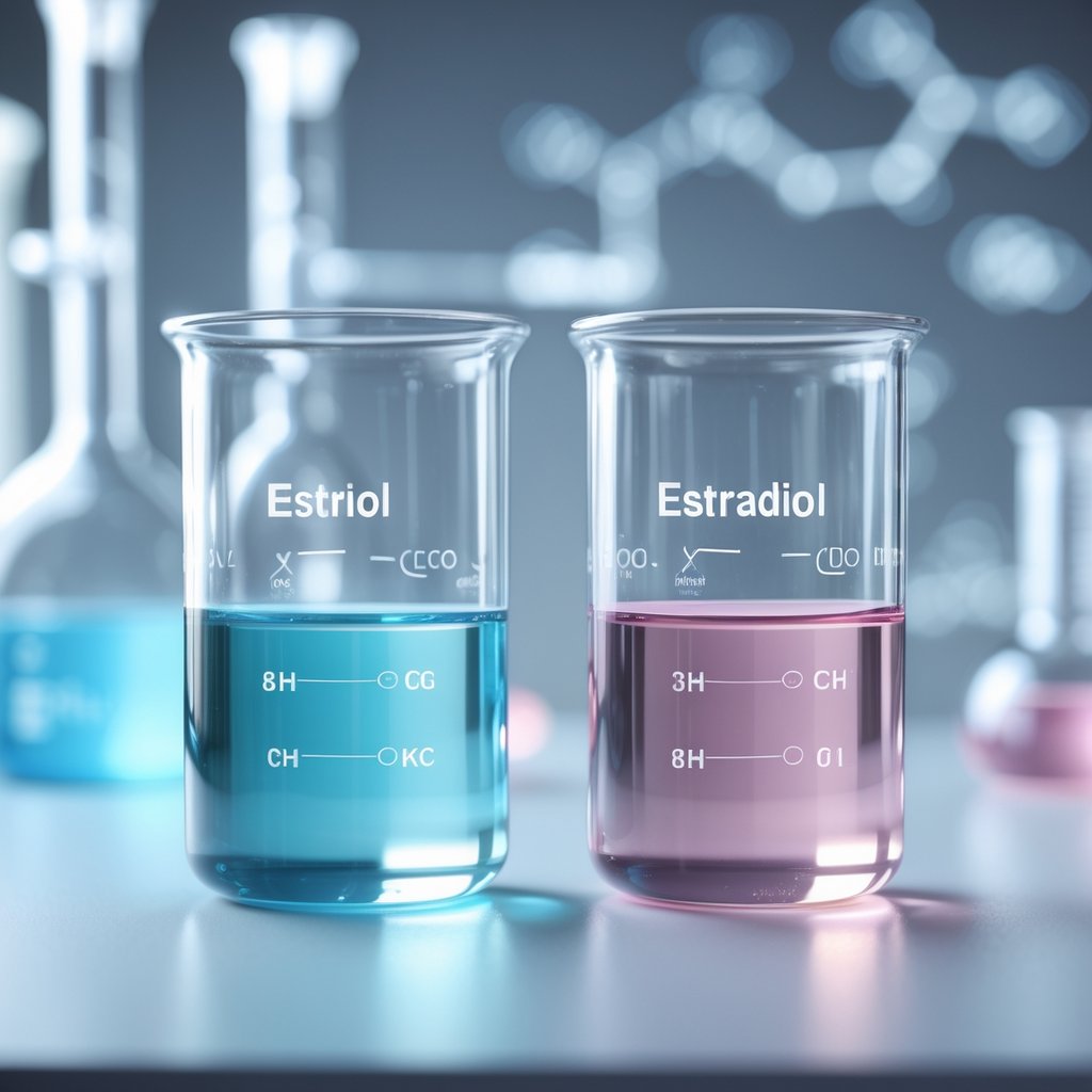 Two laboratory beakers with different colored liquids side by side on a white surface with blurred molecular structures in the background.