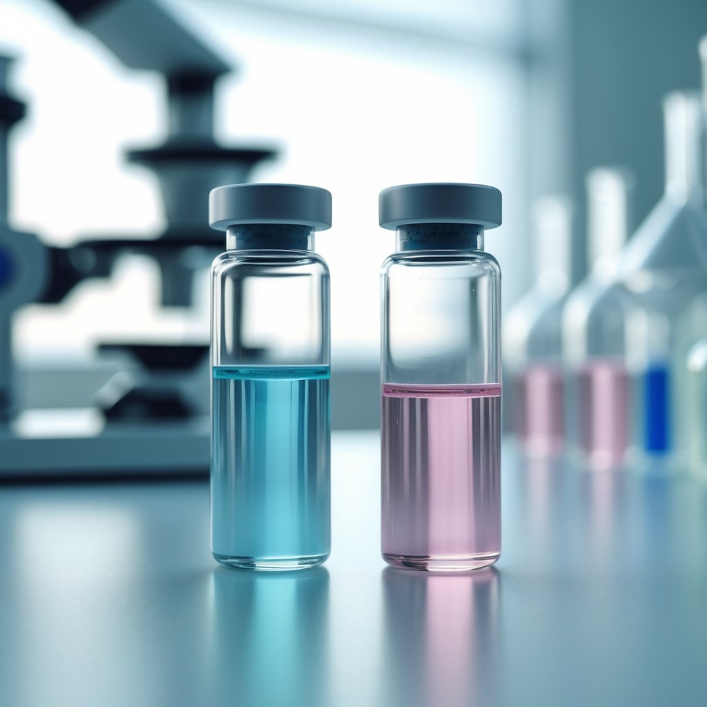 Two clear glass vials with blue and pink liquids on a white laboratory surface with blurred scientific equipment in the background.