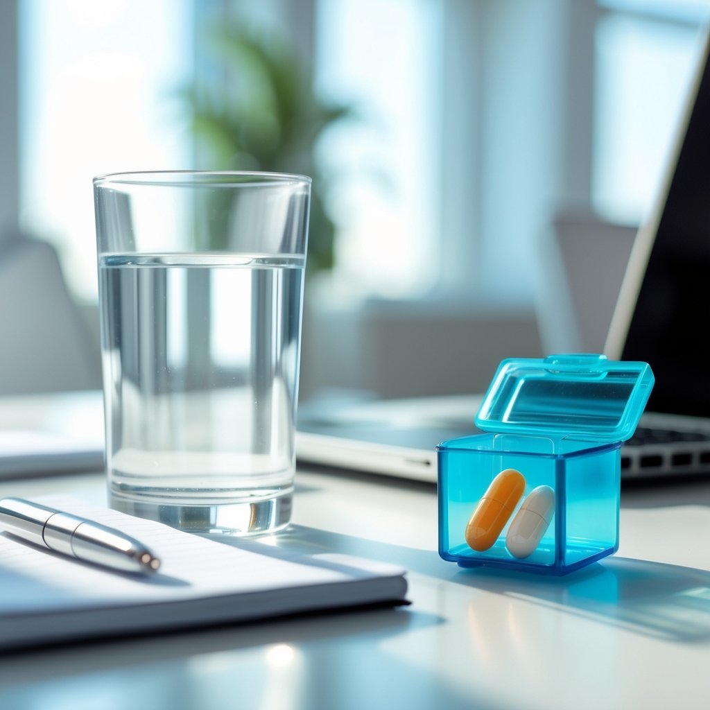 A glass of water and a pill organizer with one capsule on a desk next to a laptop and notepad in a bright office.