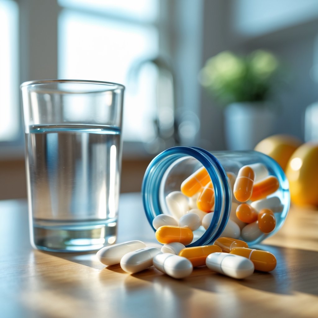A close-up of a glass of water and an open pill bottle with capsules on a wooden table in a bright room.