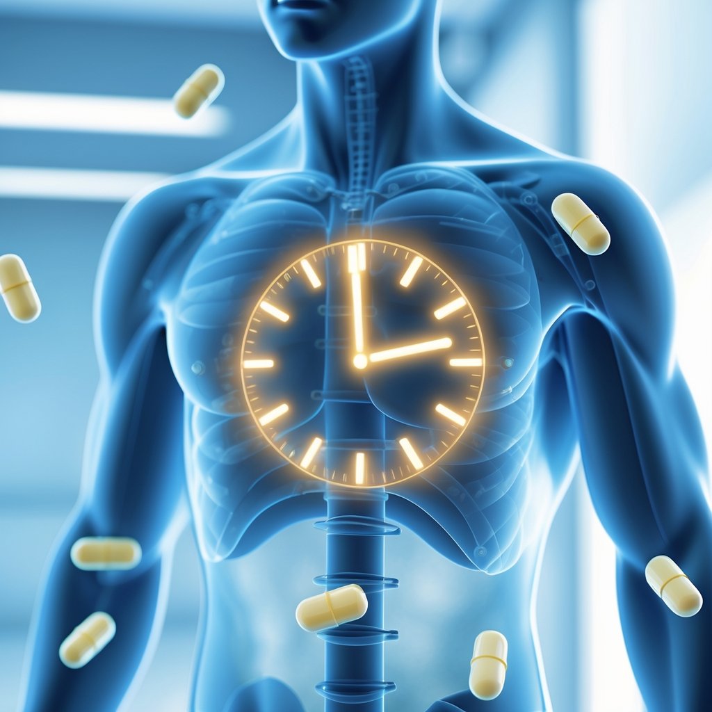 A transparent human torso with a glowing clock overlay on the chest, surrounded by floating capsules against a clean blue and white background.