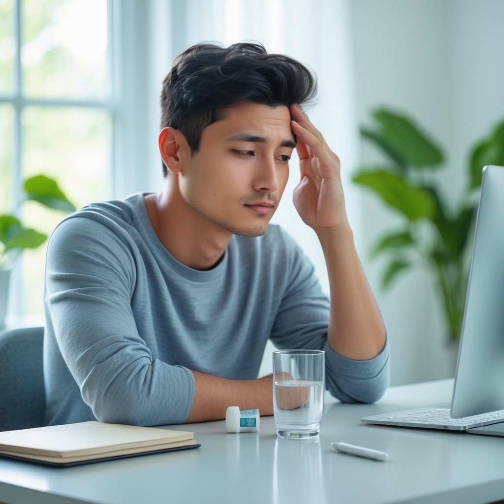 A young adult sitting at a desk in a bright room, looking thoughtful and calm with a small pill bottle and a glass of water on the desk.