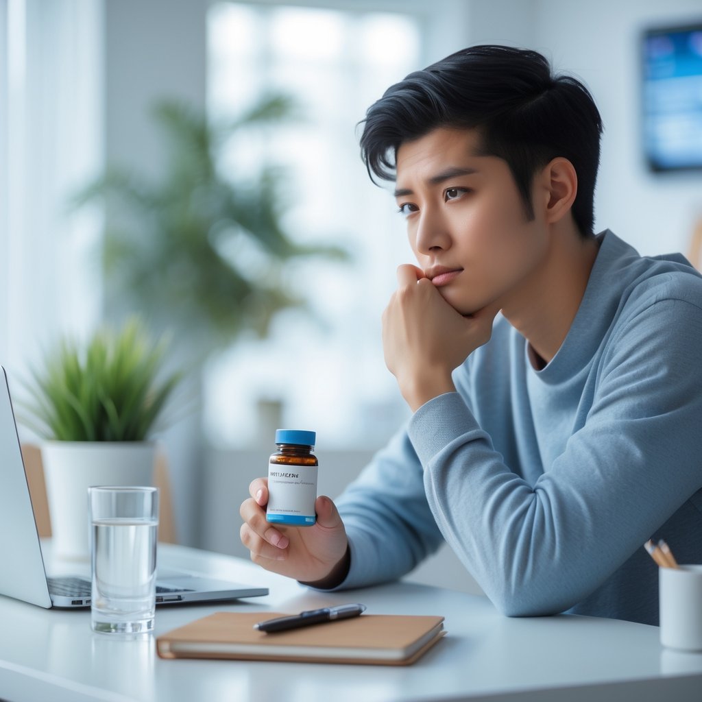 A young adult sitting at a desk holding a small medication bottle, looking thoughtful in a bright room with a glass of water and a laptop nearby.
