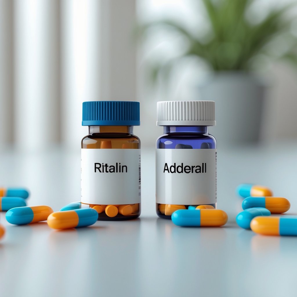 Two pill bottles with different colored capsules and tablets on a white surface in a clean workspace.