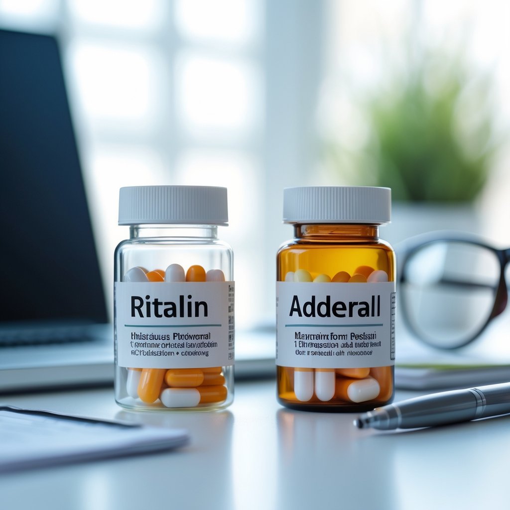 Two prescription pill bottles on a white desk next to a laptop, notepad, and eyeglasses in a bright workspace.