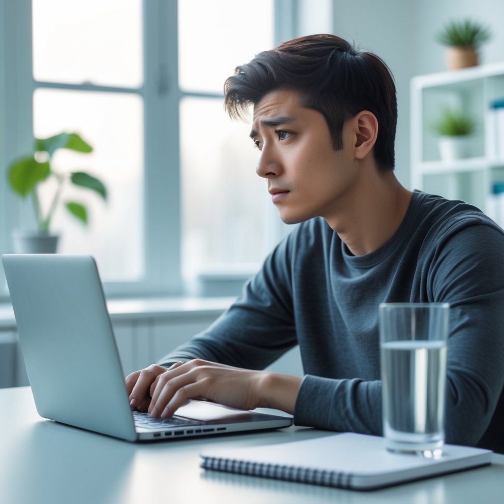 A young adult sitting thoughtfully at a desk with a laptop and notebook in a bright, calm office setting.