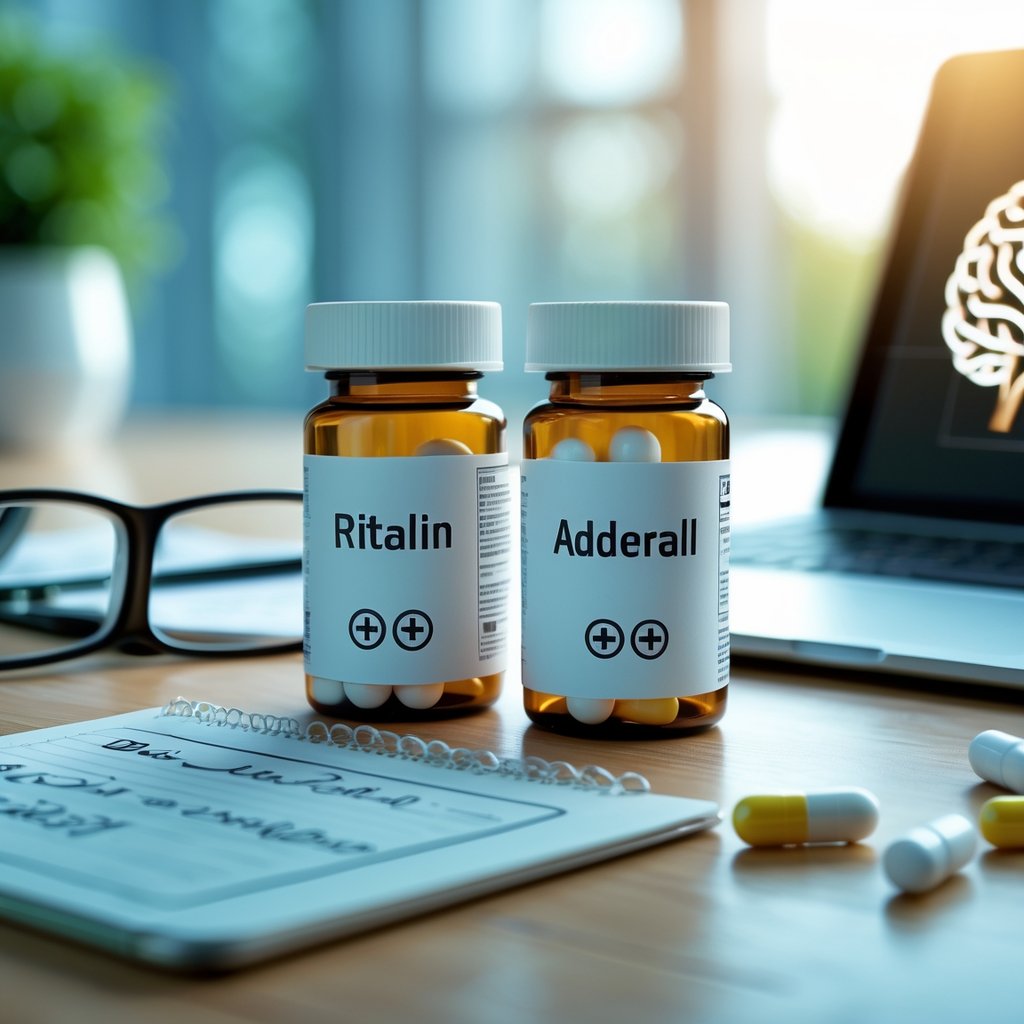 Two prescription pill bottles on a desk surrounded by eyeglasses, a notepad, and a tablet showing a brain diagram.